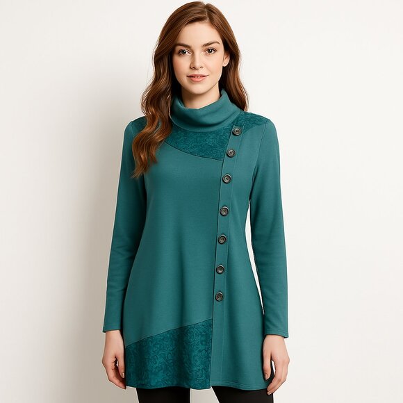 Dresses & Skirts - Tunic/Dress Teal Green Long Sleeve with Button Detail Cut velvet accents Size XL